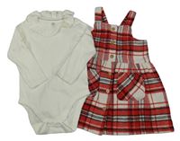 2set - Červeno-smetanovo-černé kostkované propínací šaty + smetanové žebrované body s límečkem F&F