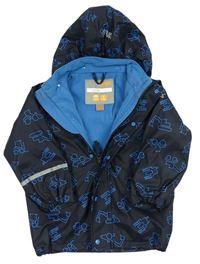Tmaovmodro-modrá nepromokavá jarná bunda s bagrami a kapucňou