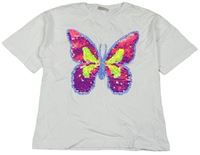 Biele oversize tričko s motýlkem z flitrů Matalan