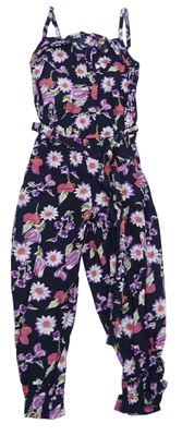 Tmavomodro-farebný kvetovaný plátenný nohavicový overal s opaskom Girl2Girl