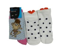 Nové - 2x ponožky - modro-růžové s opicí + bílé puntíkaté kotníkové 