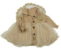 Béžový plátěný kabát s tylem a 3D květy s perličkami 