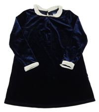 Tmavomodré zamatové šaty s bielým golierikom okaidi