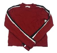 Vínovo-bielo-čierny rebrovaný crop sveter s pruhmi H&M