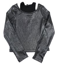 Čierno-strieborné trblietavé rebrované crop tričko s holými rameny George