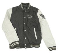 Šedo-bílá vlněno/koženková zateplená baseballová bunda s nápisem 