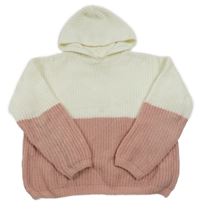 Ružovo-biely žinylkový sveter s kapucňou