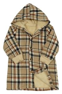 Béžovo-čierno-oranžový kockovaný zateplený kabát s kapucňou