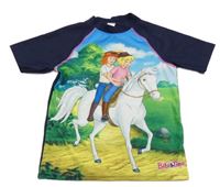 Tmavomodro-barevné UV tričko s dívkami a koněm 