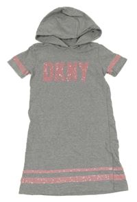 Šedo-růžové teplákové šaty s logem a kapucí DKNY 