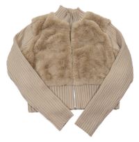 Béžový žebrovaný crop propínací podšitý svetr s kožešinovým prvkem New Look