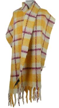 Dámská oranžovo-vínová kostkovaná vlněná šála s třásněmi Mango 