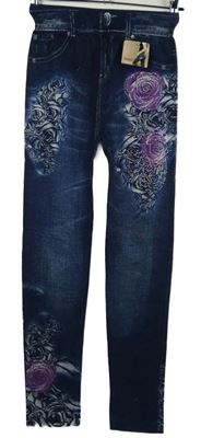 Nové - Dámské tmavomodré legíny riflového vzhledu s potlačou