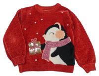 Červený žinylkový sveter s tučňákem C&A