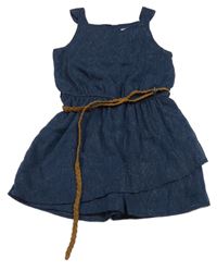 Tmavomodrý kraťasový trblietavý overal s opaskom