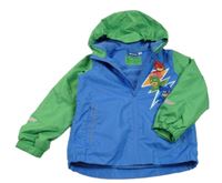 Modro-zelená šušťáková jarná bunda s obrázkami a kapucňou