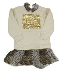 Smetanové teplákové šaty s nápisem a leopardí sukní River Island