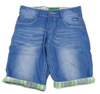 Modré riflové kraťasy s kostkovaným lemem