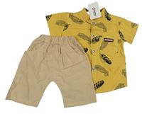 Nové - 2set - Hořčicová košile s peříčky + béžové kalhoty 