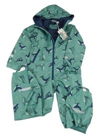 Nové - Mátová šušťáková podšitá kombinéza s velrybami a kapucňou Lily&Dan