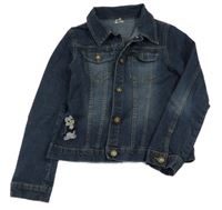 Tmavomodrá crop rifľová bunda s kvietkami