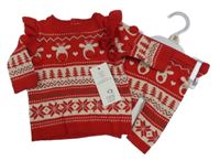 Nové - 2set - Červený sveter so vzorem + pletené nohavice F&F