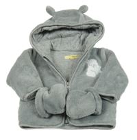 Šedý chlupatý zateplený kabátek s medvídkem a kapucí + rukavice