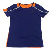Tmavomodro-kriklavoě oranžové funkčné športové tričko s logom a vzorom Kalenji