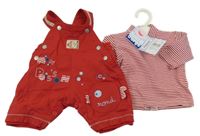 Nové - 2Set - Červené šušťákové na traké zateplené na traké nohavice s rybičkou a nápisy + červeno/bílý pruhovaný rolák Sucre d'orge