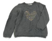 Tmavosivý chlpatý sveter so srdíčkem z flitrů a korálků H&M