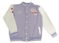 Levandulovo-bílá baseballová mikina s písmenky a nápisy a číslem a pruhy 