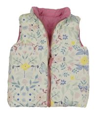 Smotanová prešívaná šušťáková zateplená obojstranná vesta s kvietkami a motýlikmi Nutmeg