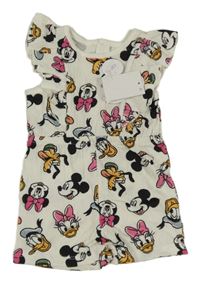 Nové - biely mačkaný kraťasový overal s Minnie a Mickey s kamarády a volánikmi PRIMARK
