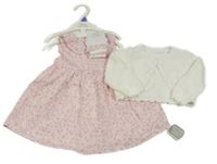 Nové - 3Set - Světlerůžové plátěné šaty s kytičkami+bílé propínací svetrové bolérko + ponožky s volánkem little nutmeg