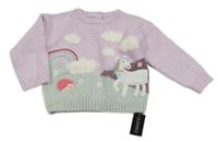 Nové - levandulovo-mentolový melírovaný vlněný svetr s jednorožcem a duhou St. Bernard