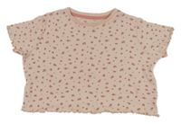 Svetloružové rebrované oversize crop tričko s růžemi Tu