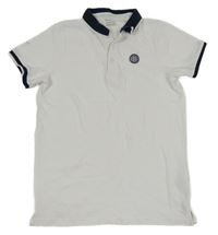 Bílo-tmavomodré žebrované polo tričko se zeměkoulí PRIMARK