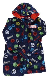 Tmavomodrý plyšový župan se znaky Avengers a logem a kapucí MARVEL