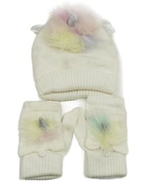 2set - SMetanová pletená čepice - jednorožec + zaklápěcí rukavice