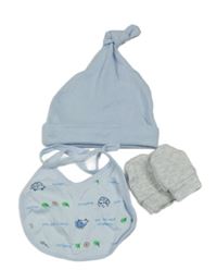 3set - Světlemodrá bavlněná čepice + slinták s ježky + šedé melírované rukavičky