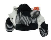 Nové - 3set - Černo-bílá pruhovaná pletená čepice s bambulí + rukavice + capáčky George