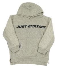 Světlešedá melírovaná mikina s nápisem a kapucí