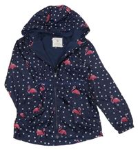 Tmavomodrá bodkovaná á šušťáková jarná bunda s plameňáky a kapucňou Primark