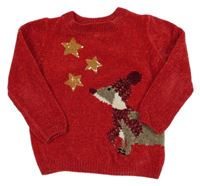 Červený žinylkový svetr se psem a hvězdami z flitrů C&A