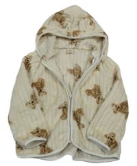 Béžová rebrovaná chlpatá prepínaci mikina s medveďmi a kapucňou