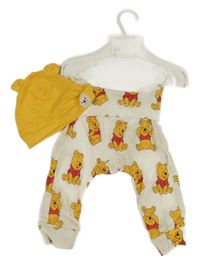 Nové - 2set - Krémové lehké tepláky s Púem + hořčicová bavlněná čepice - Pú H&M