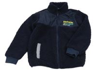 Tmavomodrá huňatá podšitá propínací mikina s šusťákem a nápisem Kids