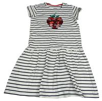 Bielo-čierne pruhované teplákové šaty s jahodou z překlápěcích flitrů Vertbaudet