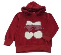 Vínová plyšová mikina s mašlou s kamienky a kapucňou s kožešinou