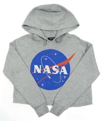 Sivá melírovaná crop mikina s potlačou a kapucí - NASA New Look